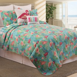 C&F Home Isla Tropics Flamingo Palms Coastal Tropical Paradise Nautical Beach Twin Bed 2 Piece Reversible Bedding Cotton Quilt Set Twin Green