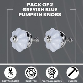 ETHNICITI Pack of 2 Pumpkin Shaped Blue Grey Ceramic Knobs 42mm Vintage Shabby Chic, Wardrobe Cabinet Cupboard Drawer Interior Furniture Pulls Handles Bedroom Dresser Lounge Kitchen