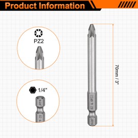 HARFINGTON PZ2 Screwdriver Bit 1/4" Hex Shank 75mm/3" Length Magnetic Phillips Slotted Hex Bits S2 Steel Screw Driver Bit Industrial Grade Electric Hexagon Drill Bits