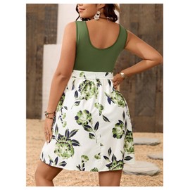 SOLY HUX Women's Plus Size Floral Tank Dress Sleeveless Square Neck A Line Flowy Belted Summer Short Dresses Green Floral X-Large Plus
