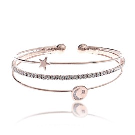 NTLX CZ Bangle Bracelets for Women - Cubic Zirconia Bracelet – CZ & Rhinestone 3 Line Memory Wire Bracelet – Rose Gold Plated - Moon & Star Design - with Gift Box included - Great Gift