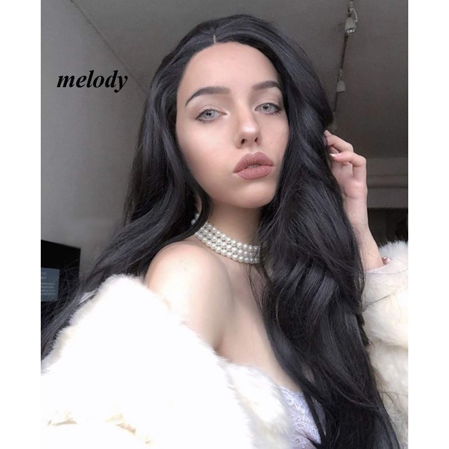 Melody 1B Black Synthetic Lace Front Wigs Natural Long Wave Middle Part 180% Density Half Hand Tied Heat Resistant Fiber Hair for Black Women White Women