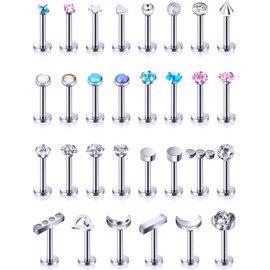 30 Pernos de Labios de Acero Inoxidable Anillos de Labios Labret Joyas de Perforación de Tragus de Cartílago, 16 G (Plata)