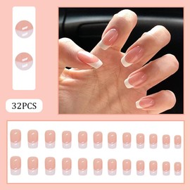 Hrnsnails White French Tip Press On Nails Medium Square Fake Nails with Glossy Design, Artificial Nails Press Ons, Press On Nail Kit Stick On Nails for Women-32Pcs