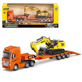 Gemini & Genius Flat Trailer Excavator Truck Toy, Heavy Duty Alloy Construction Toys Vehicle, 1:50 Scale Diecast Trailer Truck, Toy Trucks for Kids(2 in 1)