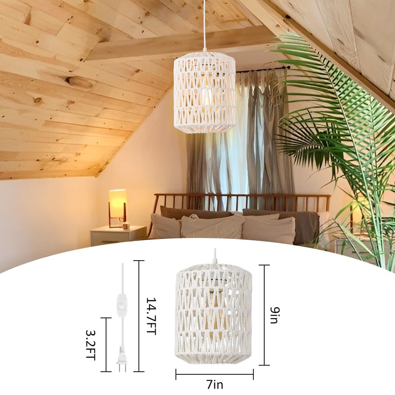 Plug in Pendant Light, Rattan Hanging Lights with Plug in