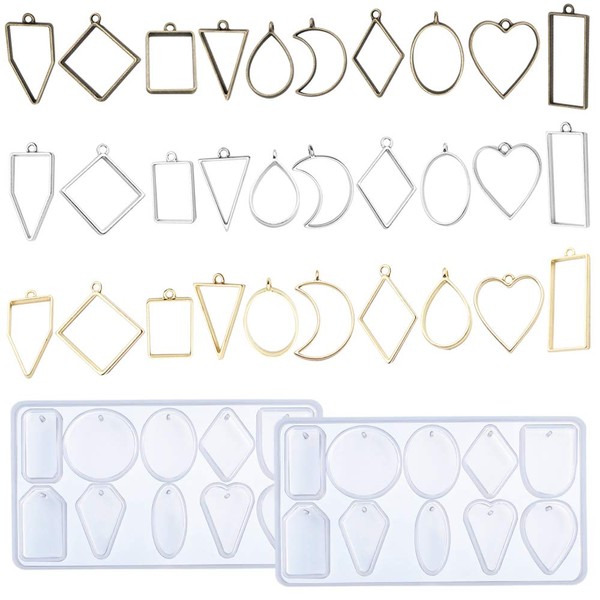 SourceTon 32 PCS Open Bezel Pendants Charms Resin Molds and Silicone Molds, Jewelry Findings DIY Pressed Flower Frame Assorted Geometric Hollow Trays