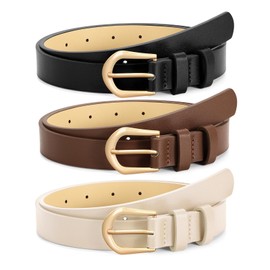 WHIPPY 3 Pack Womens Thin Leather Belts for Jeans Dress Fashion Ladies Skinny Waist Belt with Gold Buckle Black Beige Coffee M