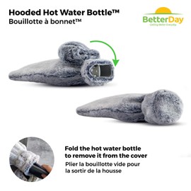 BetterDay® Hot Water Bottle with Hood™ - Hot Water Bottle with Cover British Standard 1970:2012 Natural Rubber and Removable Cover - 2 Litre Hot Water Bottle with Cover, Large, Soft & Fluffy