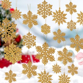 48pcs Gold Plastic Snowflake Decorations Christmas Tree Ornaments Glitter Snow Flakes Ornaments Christmas Indoor Winter Wonderland Decor，3 Sizes， 3Styles