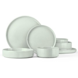 Onader Stoneware Dinnerware Sets, 8 Piece Plates and Bowls Dishes Sets for 2, Speckled Kitchen Dishware Dining Ware with Double Bowl – Pale Sage Green