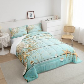 Seashell Starfish Comforter Set Twin Size,Wood Stripes Bedding Set 2pcs for Kids Teens Girls Boys Room Decor,Beach Hawaiian Style Quilt Set Summer Teal Duvet Insert with 1 Pillowcase