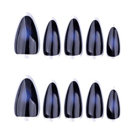 SINHOT Almond Press on Nails Medium Fake Nails Glossy Glue on Nails Dark Blue Chrome Acrylic Nails Silver Edge Stiletto Artificial Nails French Tip Stick on False Nails with Design 24 pcs