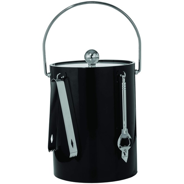 Hand Made In USA Black Double Walled 5-Quart Insulated Ice Bucket With Ice Tongs & Bottle Opener
