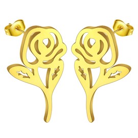 Rose Earring Stainless Steel Minimalist Laser Cut Rose Flower Stud Earrings for Women Men Geomertic Jewelry Gift (gold)