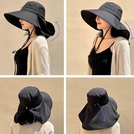 Celvish Women's UV Protection Hat, Wide Brim Hat, Chin Strap, Compact, Foldable, Lightweight, Black, Black