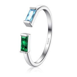 FIBO STEEL S925 Sterling Silver Birthstone Rings for Women Non Tarnish Dainty Stackable Rings Adjustable Emerald Green Gemstone Baguette CZ Wedding Engagement Promise Ring for Her Birthday Jewelry Gifts May December