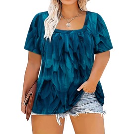 Siddhe Plus Size Shirts for Women Short Sleeve Tunics Square Neck Tops Fashion 2024 Summer Casual Loose Womens Party Blouse Peacock Blue 3XL