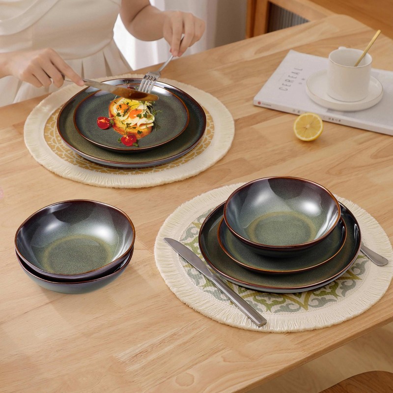Herogo Stoneware Dinnerware Sets for 8, 24 Piece Plates and