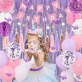 Purple and Pink Birthday Party Decorations for Women Girls with Happy Birthday Banner,Curtains, Butterfly Wall,Circle Dots Garland,Tissue Pompoms,Paper Tassels Garland Birthday for Her