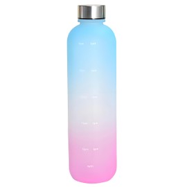 MYEEDA Water Bottle with Time Marker Labels, 4.2 Cups (1L), Direct Sipping, Plastic, For Girls & Boys, Stainless Steel Screw Top, Healthier Life Support, Sports Drinks, Frosty Blue & Orange Gradient