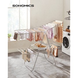 SONGMICS Clothes Drying Rack, Foldable 2-Level Laundry Drying Rack, Free-Standing Laundry Airer, with Height-Adjustable Wings, 33 Drying Rails, Sock Clips, Silver and White ULLR053W01V1