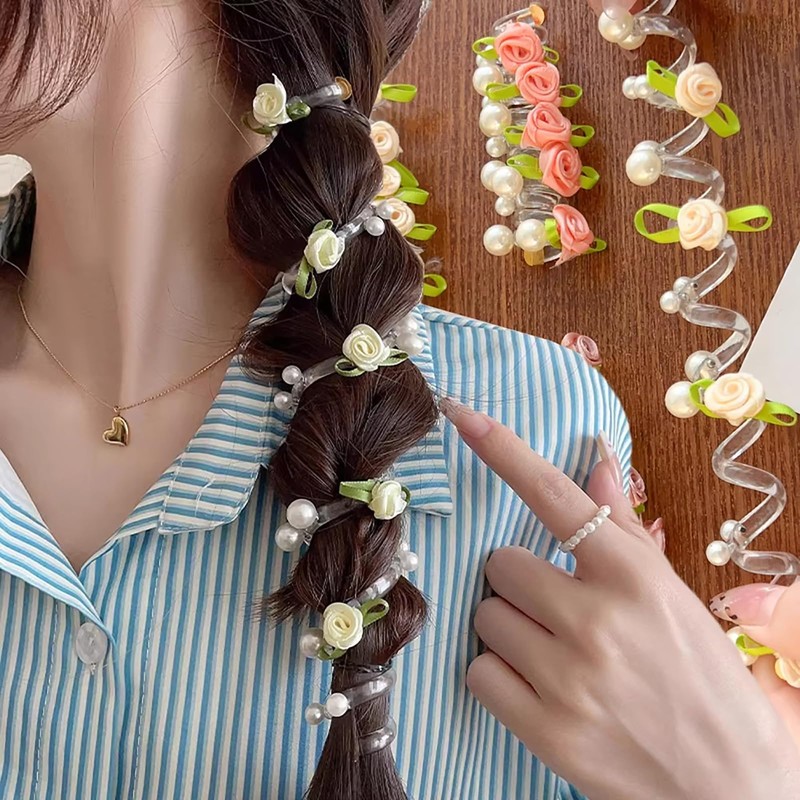 4 Pcs Flower Braided Telephone Scrunchies Spiral Stretchy Pearl Ponytail