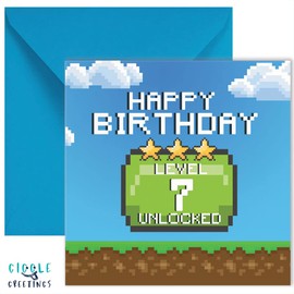 GIGGLE GREETINGS Birthday Card For 7 Year Old Gamer Boy Or Girl - Happy Birthday Level 7 Unlocked Video Gaming Birthday Card With Blue Envelope - Eco Friendly Card