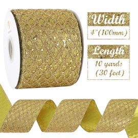 HUIHUANG Gold Christmas Tree Ribbon 4 inch Gold Glitter Wired Ribbon Diamond Mesh Wire Ribbon for Tree Decorations, Wreaths, Garland, Large Bows Making, Home Decor -10 Yards