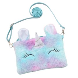 Newfancy Women Girls Kids Fluffy Fuzzy Unicorn Bag Plush Tie Dye Rainbow Crossbody Purse, Blue, One Size