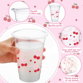 Havawish 100 Pcs Red Cherry Bow Plastic Cups 16 oz Disposable Clear Cups Coquette Bow Snowflake Theme Decorations for Birthday Baby Bridal Shower Wedding Xmas Winter Holiday Party Supplies