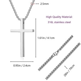 Tuefuzy Cross Necklace for Men, Silver Cross Stainless Steel Pendant Necklace, Mens Cross Chain 28 Inch