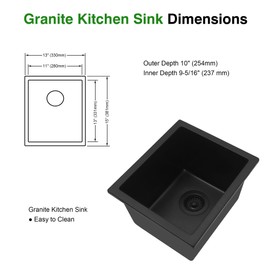 MONSINTA Black Bar Sink, 13" x 15" x 10" Undermount Kitchen Sink, 13 Inch Small and Deep Single Bowl Granite Composite Kitchen Sink with Accessories, 13 x 15 Matte Black Quartz Stone Bar Sinks