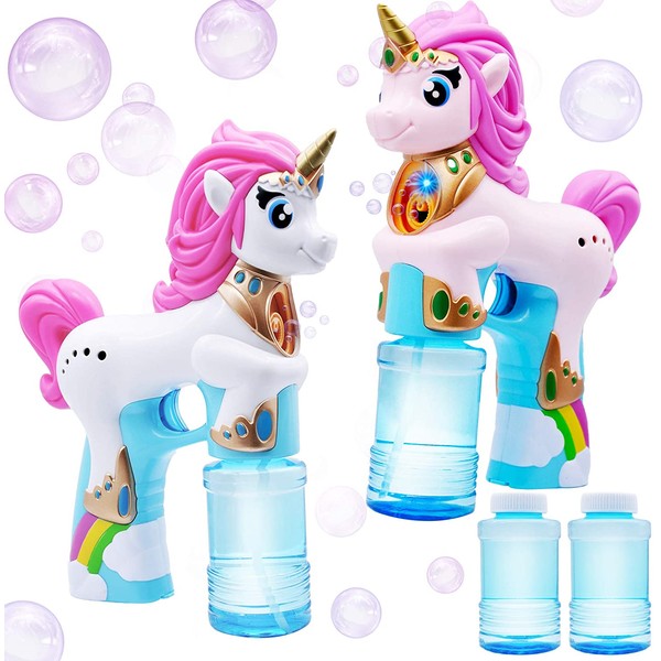 JOYIN 2 Colored Automatic Unicorn Bubble Blaster Guns with 4 Bubble Solutions (4oz) for Kids, Outdoor Summer Fun, Party Favors, Summer and Birthday Party