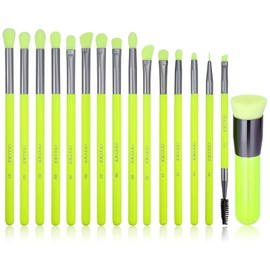 Docolor 15 Pcs Eyeshadow Brushes + Flat Top Kabuki Foundation Brush Professional Makeup Brushes Eye Shadow Concealer Eyebrow Eyelash Eye Liners Blending Make Up Brushes with Wooden Handles Neon Green
