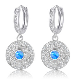 Evil Eye Earrings 925 Sterling Silver Dangle Hoop Earrings Hypoallergenic Evil Eye Jewelry Turkish Evil Eye Earrings for Women Protection Amulet Third Eye Earrings Gift, Medium, Sterling Silver, Cubic