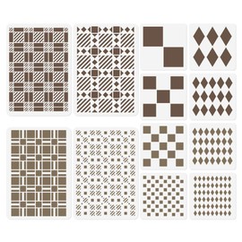 12Pcs Check Diamond Harlequin Geometric Pattern Craft Stencil Templates Plastic Reusable Checkerboard Stencils for Painting on Wall Floor Wood Fabric Furniture Glass