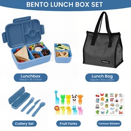 Bugucat Bento Lunch Box 1300ML with Bag - Leak-Proof with 5 Compartments, Cutlery for Kids and Adults - Snack Box for School, Kindergarten, Office,Dark Blue