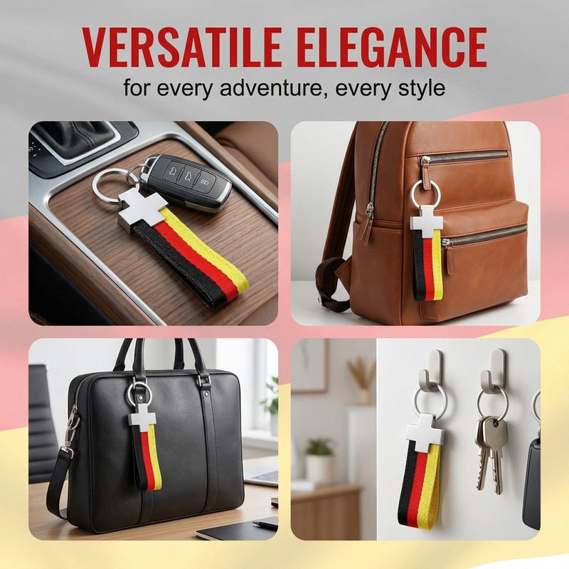 GWEOR Germany Flag Keyring Metal, Black/Red/Gold Nylon Strap, Rustproof &