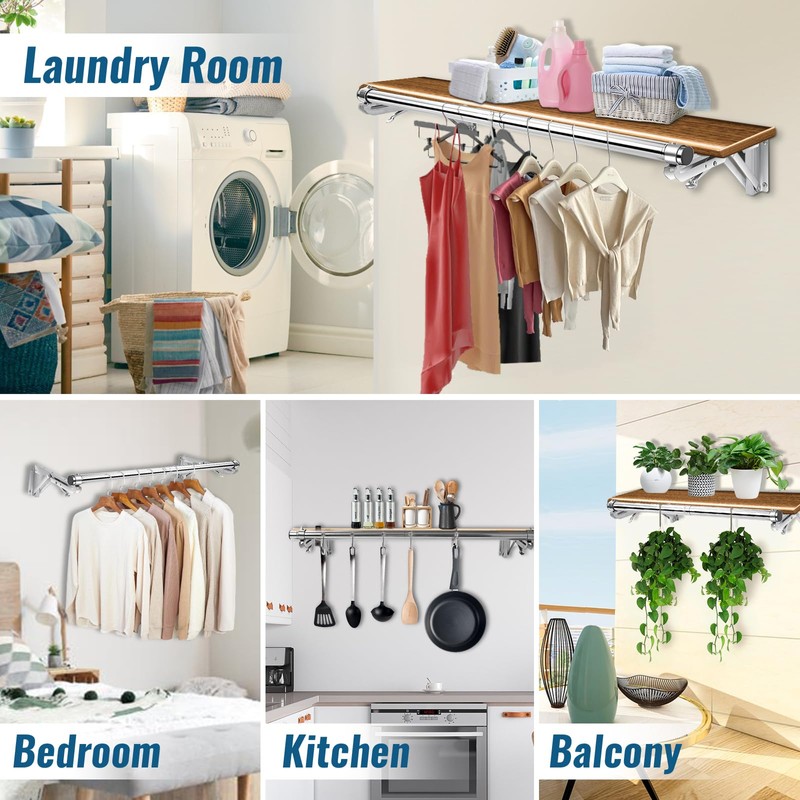 Foldable Wall Mounted Clothes Rack-44'' Long Rod&2 Bases,Stainless Steel, Heavy