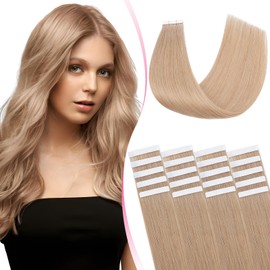 MY-LADY 20pcs Invisible Seamless Tape in Hair Extensions Human Hair - Remy Straight Real Hair #27 Dark Blonde - 14 Inch 40g