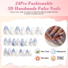 Ceboic 3D Handmade Press on Nails, Almond Fingernails for Sticking with Charms, Blue False Nails Bow Rhinestone Design Artificial Nails, French False Nails for Women Girls, Pack of 24