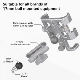 FANAUE Aluminum 17mm Ball Head Adapter with 1/4 inch Thread, Compatible with Garmin GPS RAM Mount and 17mm Socket Arm, TPU Ball for Bike Motorcycle Phone Holder
