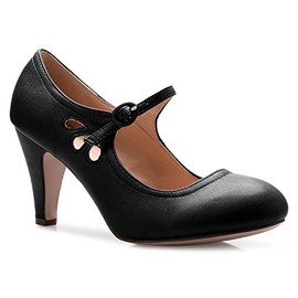 OLIVIA K Women Kitten Heels Mary Jane Pumps - Adorable Vintage Shoes- Unique Round Toe Design With An Adjustable Strap,6 B(M) US,Black