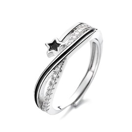 IMINI Dainty Stars Rings for Women Girls Silver Plated Cubic Zirconia Statement Eternity Promise Wedding Band Adjustable Open Finger Ring CZ Crystal Black Star Jewelry Gift Birthday (1 Star)