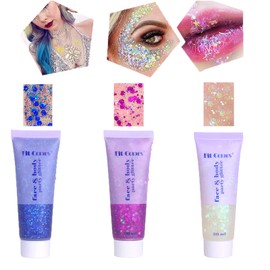 Body Glitter Gel Kit, Glitter Make Up Set, Face and Body Glitter Gel, 3 Colours, Holographic Chunky Glitter Gel for Face, Nails, Eyes, Lips, Hair, Body, Make-Up Glitter Sequin (C2)