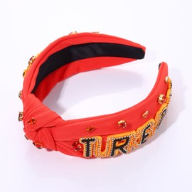 vokone Thanksgiving Fall Headbands for Women Beaded HAPPY TURKEY DAY Hairband Wide Jeweled Crystal Knotted Headband Autumn Fall Thanksgiving Outfits Accessories (Orange)