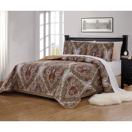 Fancy Collection 3 Pc Quilted Bedspread Over Size New (Full/Queen, Beige Brown Green Paisley)