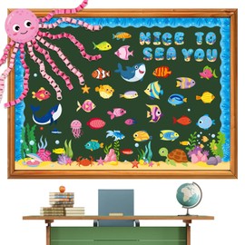 JUNEBRUSHS 104 Pcs Ocean Theme Bulletin Board Decorations, DIY Sea Animals Octopus Fish Paper Cutouts Set Under The Sea Classroom Decor for Back to School Summer Party Supplies