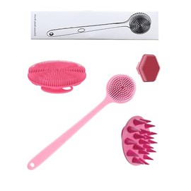 cepillo de silicona para cuerpo - 1 cepillo de limpieza de espalda de mango largo, cepillo de baño corto, cepillo para lavar el pelo y cepillo para lavar la cara, herramientas de limpieza (Pink1)